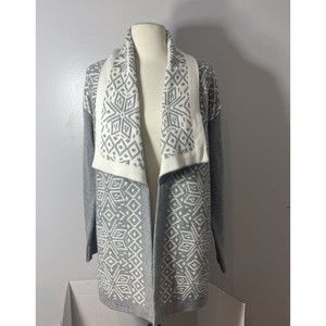 Talbots Medium Open Front Cardigan Grey Cream Aztec Wool Cashmere Sweater New
